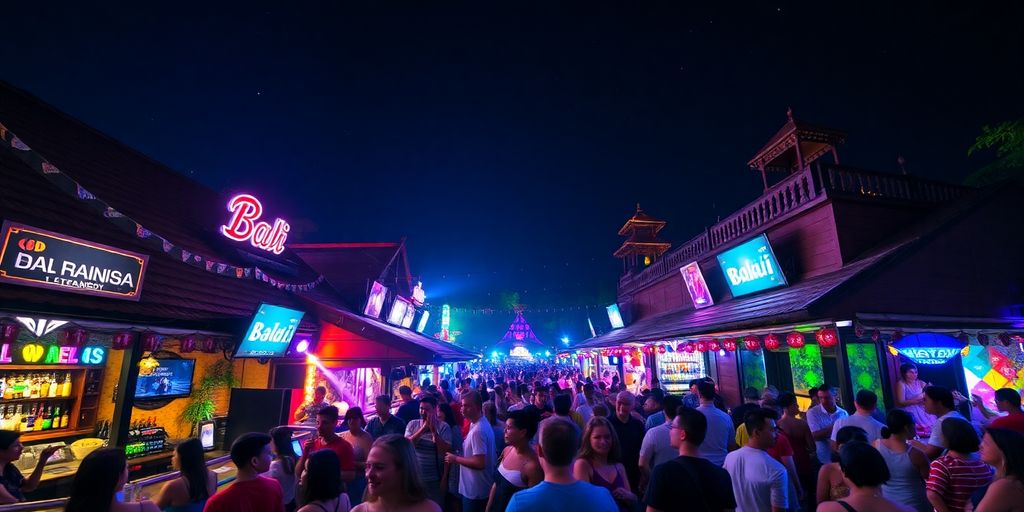 Vibrant Bali nightlife with bars and cheerful crowds.