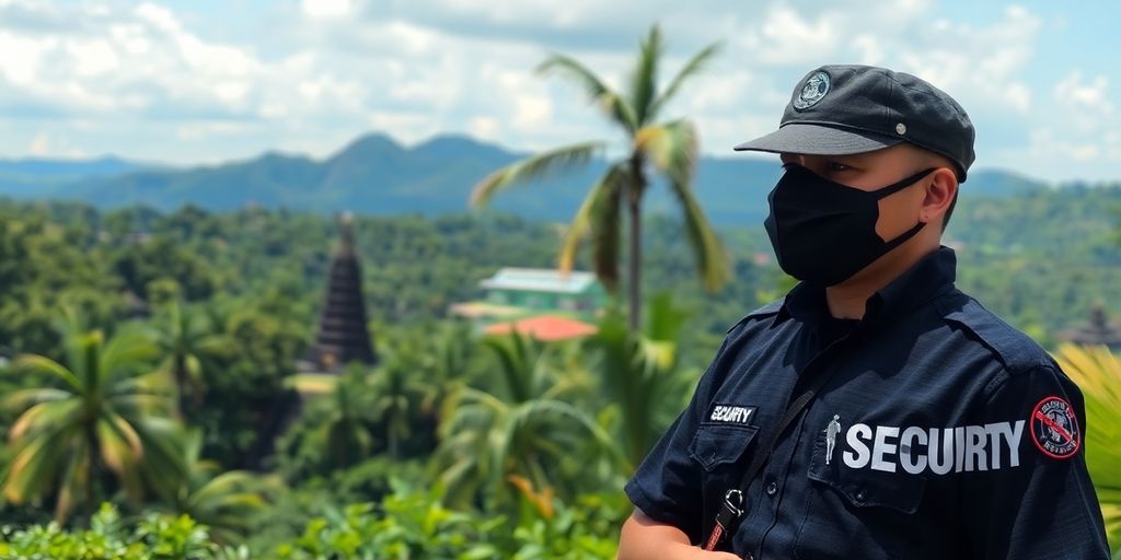Security guard in vibrant Bali landscape ensuring safety.