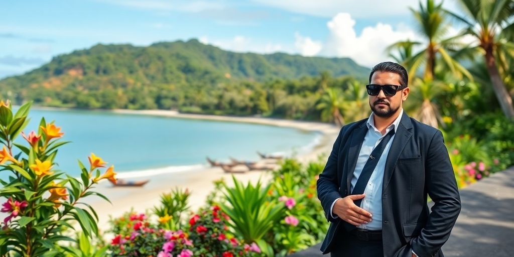 Close protection agent in beautiful Balinese landscape.