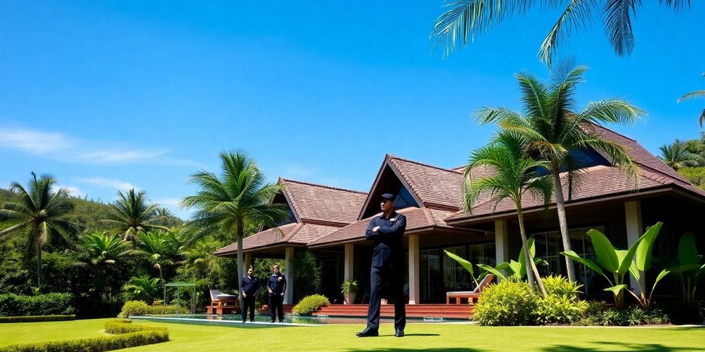 Luxury villa in Bali with private security personnel.