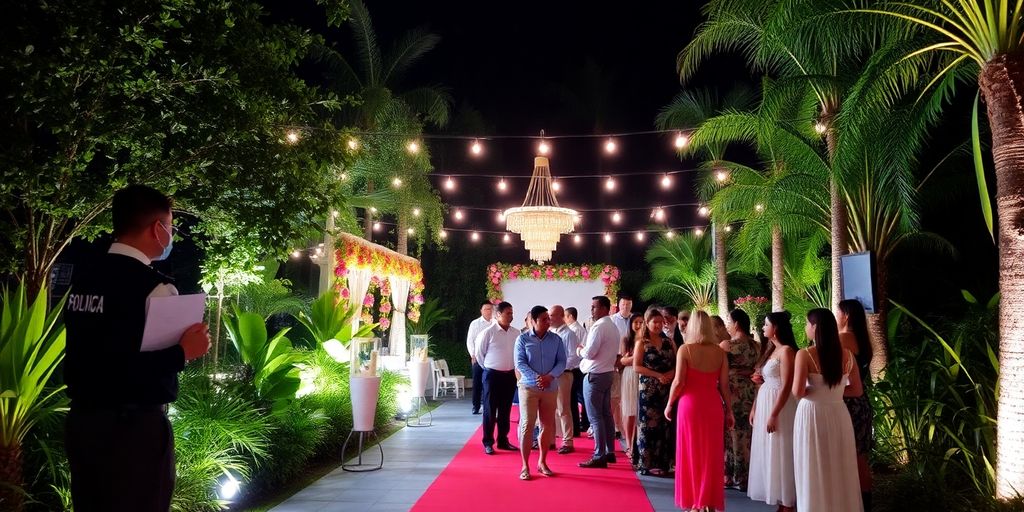 Outdoor event in Bali with security and tropical decor.