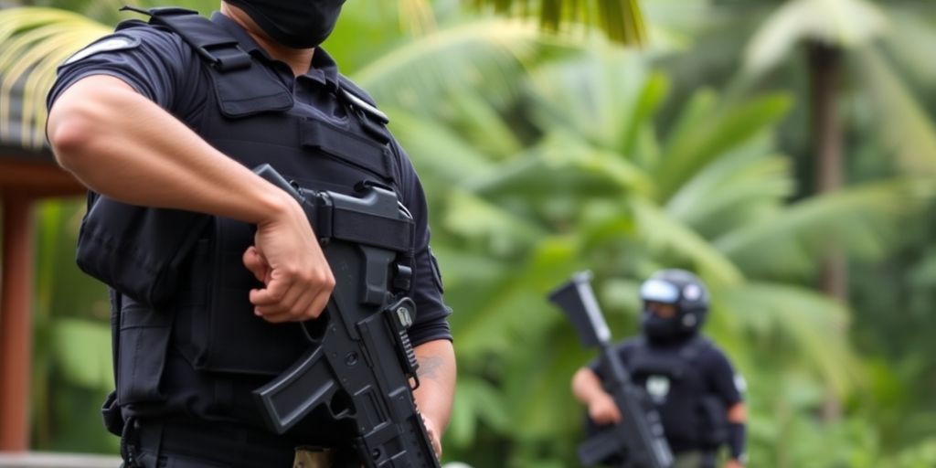Armed bodyguard in Bali's tropical landscape ensuring safety.