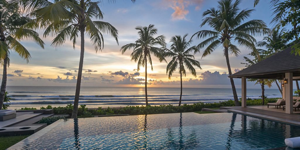 Luxury villa in Bali with security personnel at sunset.