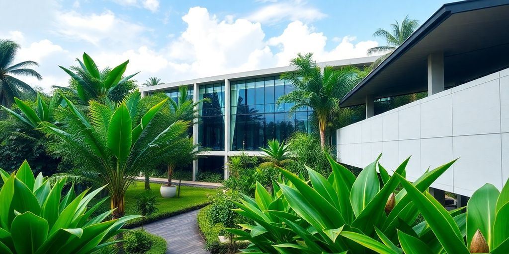 Corporate office in Bali surrounded by tropical greenery.