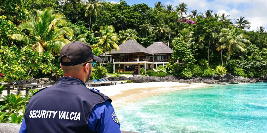 Bali beach with security guard near luxury villa.