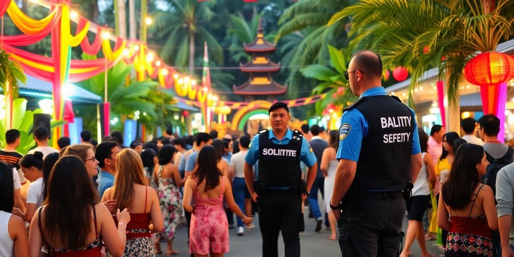 Bali celebration with security personnel ensuring event safety.