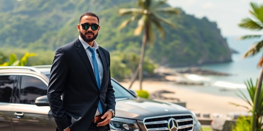 Bodyguard standing next to a luxury car in Bali.