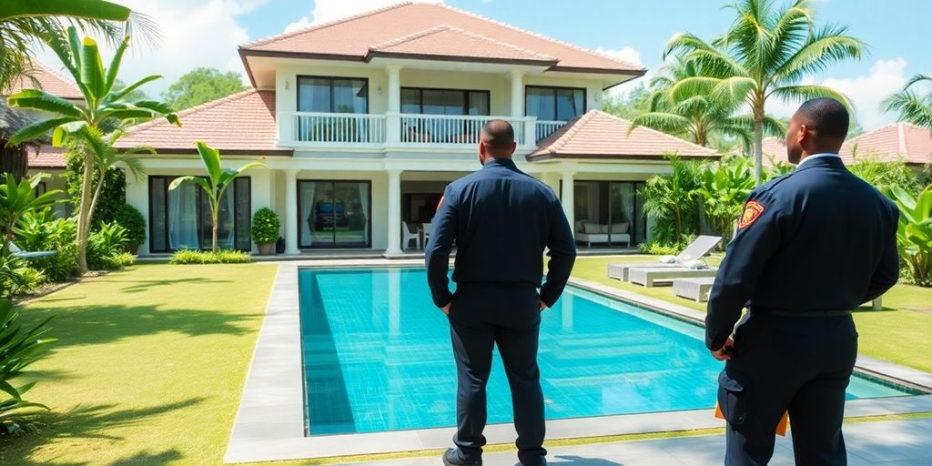 Luxurious Bali villa with security personnel for VIP guests.