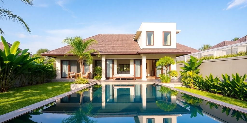 Luxurious Bali villa surrounded by greenery and tranquil pool.