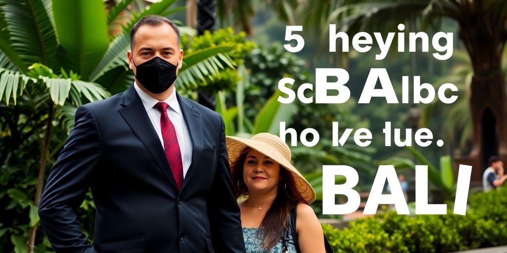 Bodyguard protects traveler in beautiful Bali setting.