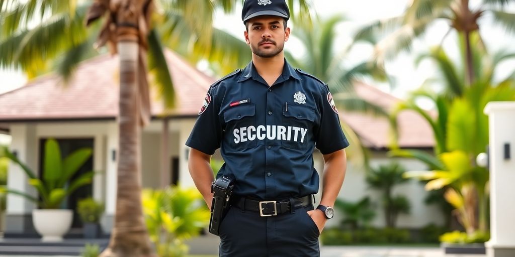 Security guard in Bali villa with tropical background.