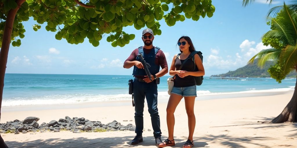 Bodyguard protecting traveler on a beautiful Bali beach.