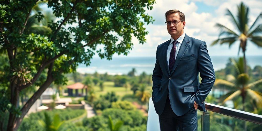 Executive in Bali overlooking ocean and greenery, ensuring security.