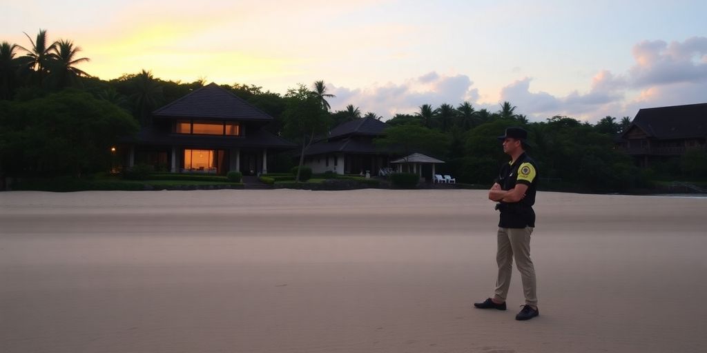 Bali villa beach with security guard at sunset.