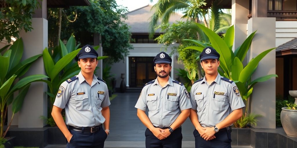 Security team in Bali protecting a luxury villa entrance.