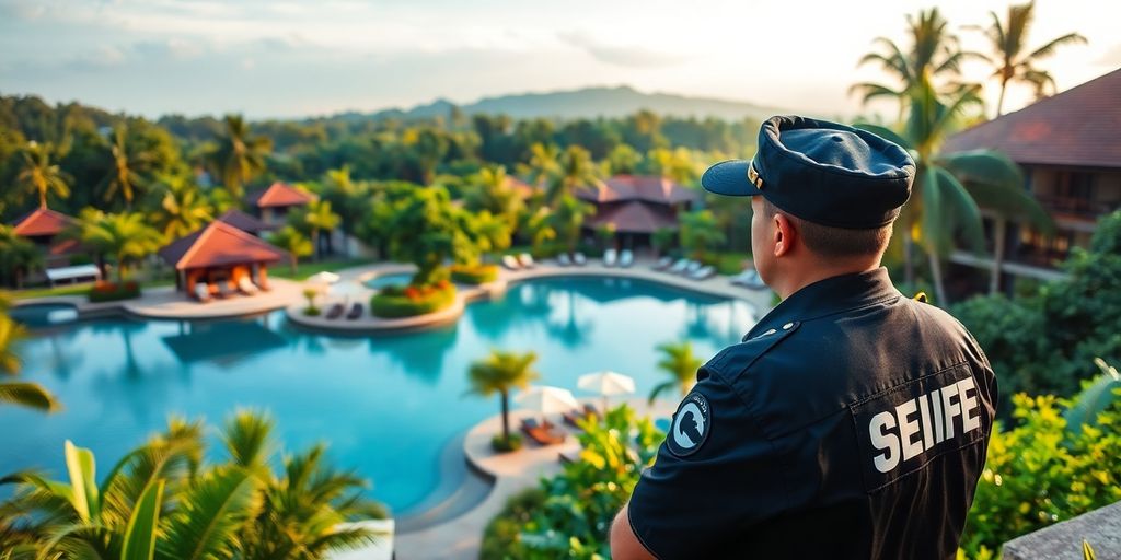 Security guard in Bali landscape ensuring safety and peace.