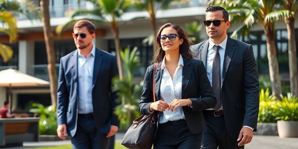Business traveler with security escort in Bali's tropical setting.