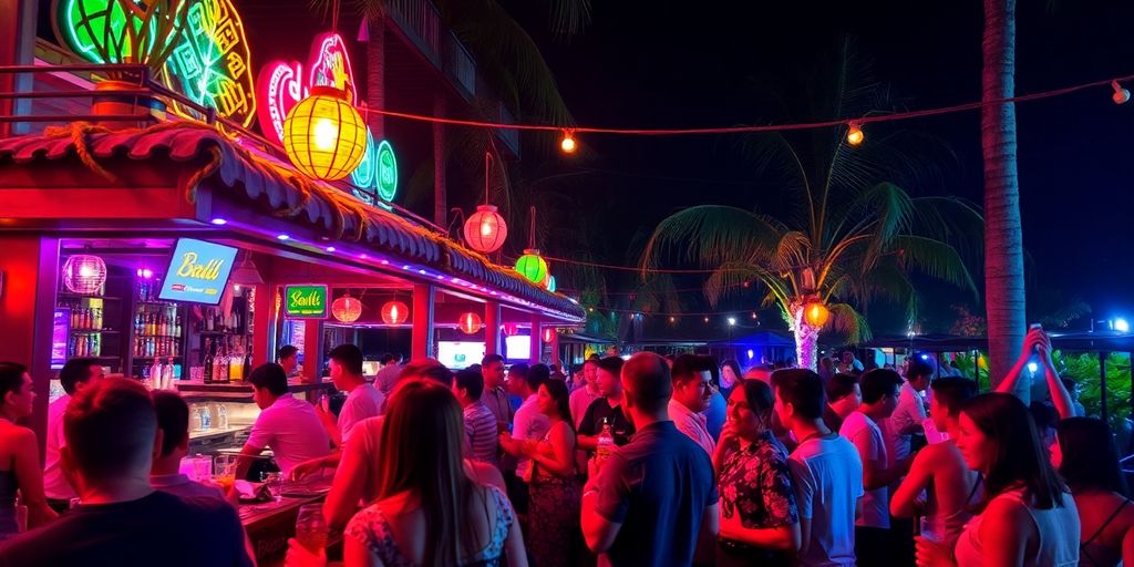 Bali nightlife with people at a lively outdoor bar.