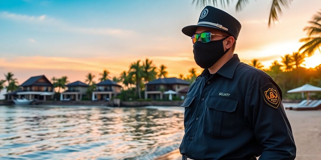 Bali beach sunset with luxury villas and security guard.