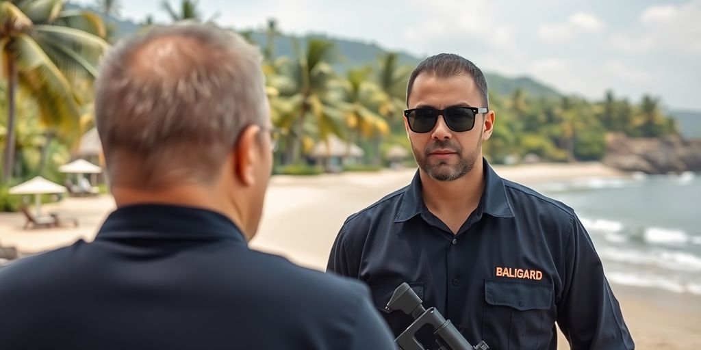 Bodyguard protecting client on a Bali beach setting.