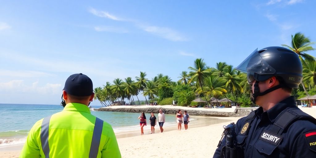 Bali beach with security personnel ensuring tourist safety.