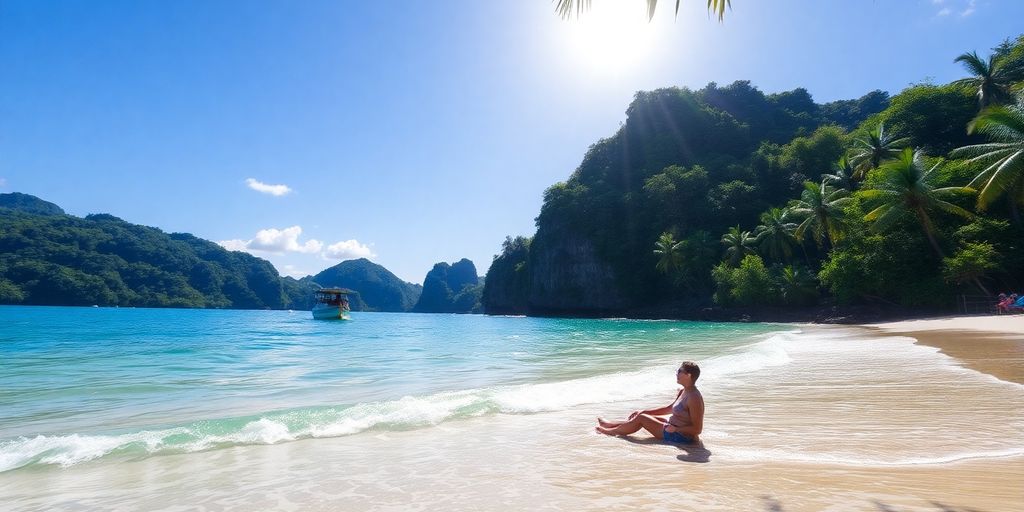 Traveler relaxing on Bali beach with lush greenery around.