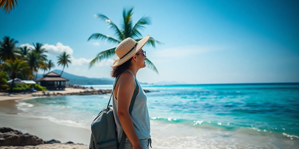 Traveler on a Bali beach, enjoying the peaceful scenery.
