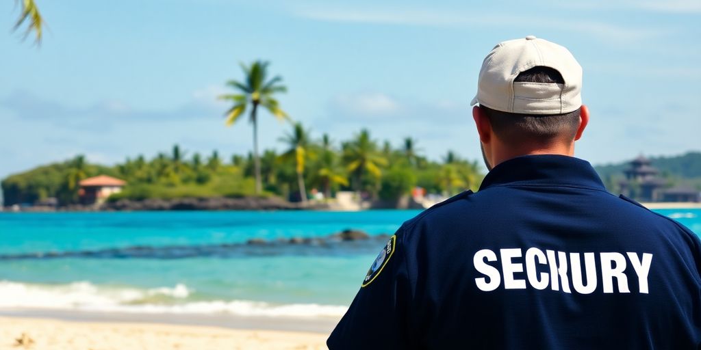 Bali beach with a security guard ensuring traveler safety.