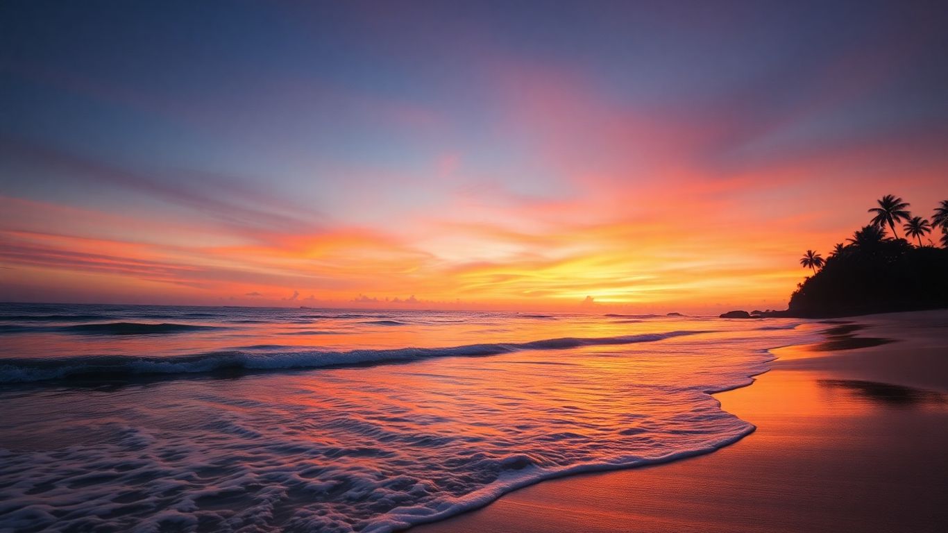 Bali beach sunset with palm trees