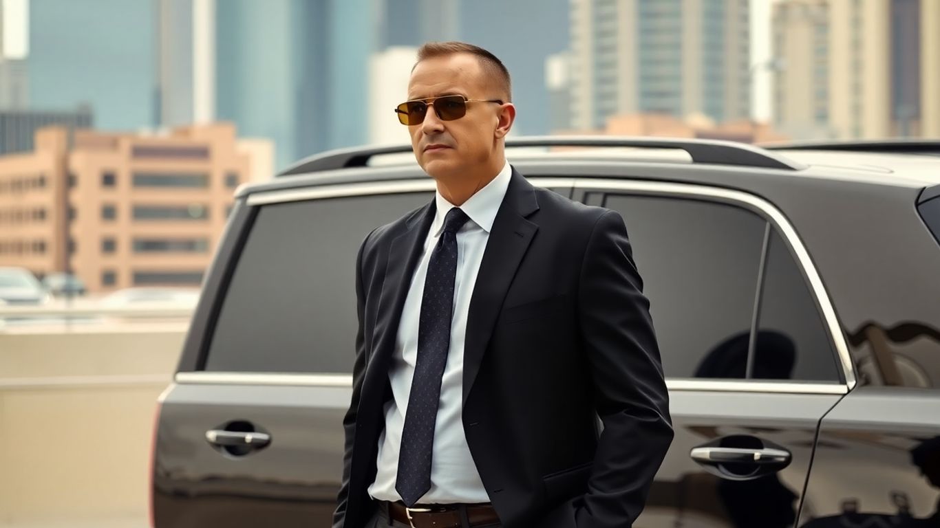 Professional bodyguard in suit guarding executive near car.