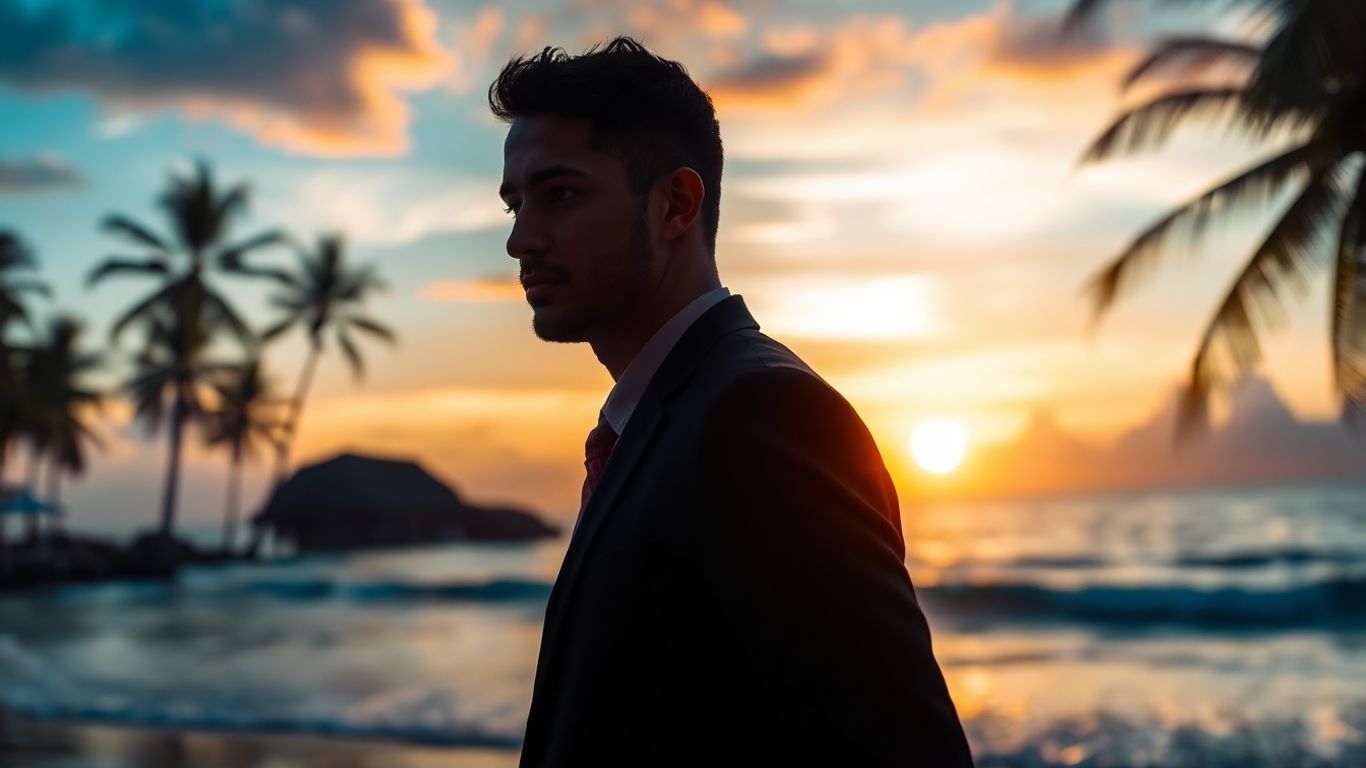 Professional bodyguard on a Bali beach at sunset.