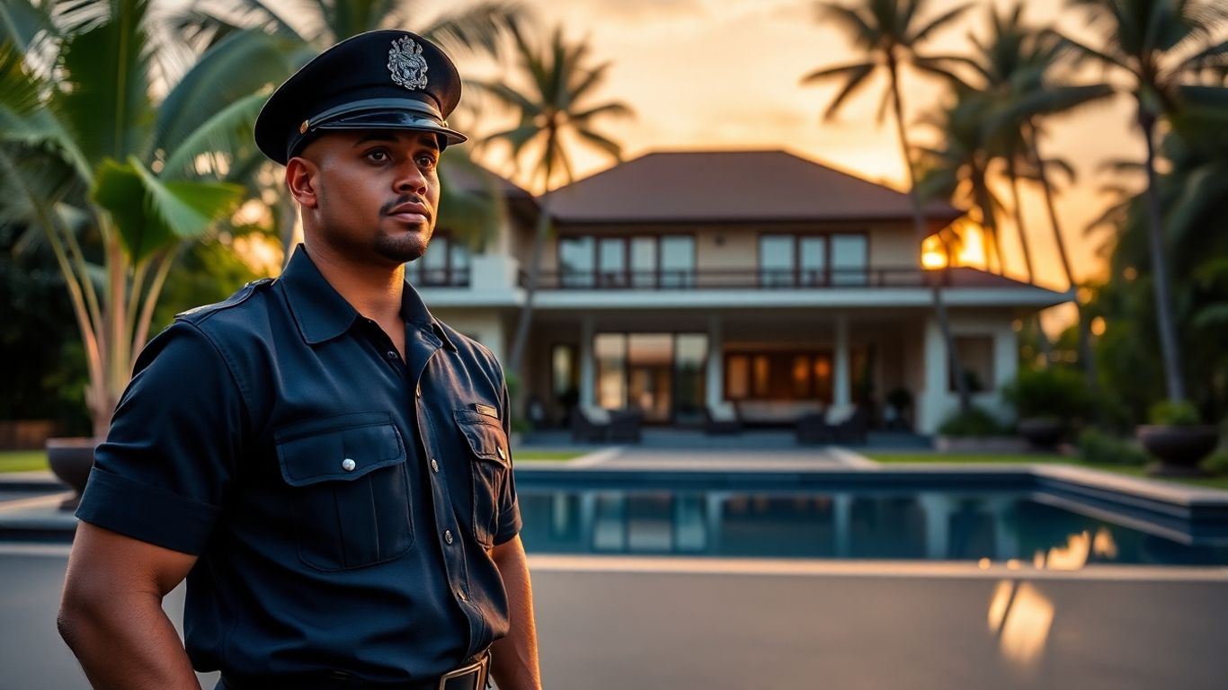 Bali bodyguard protecting a luxury villa at sunset.