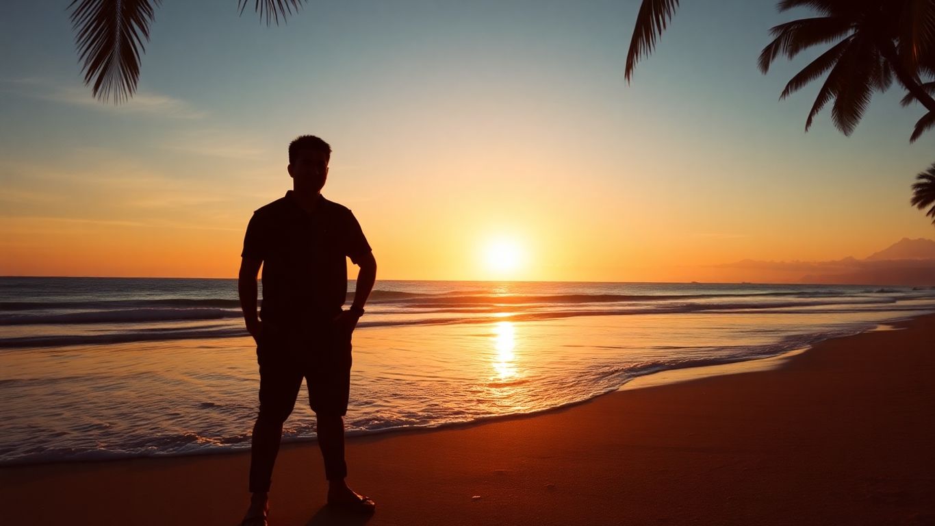 Person silhouetted on a Balinese beach at sunset.
