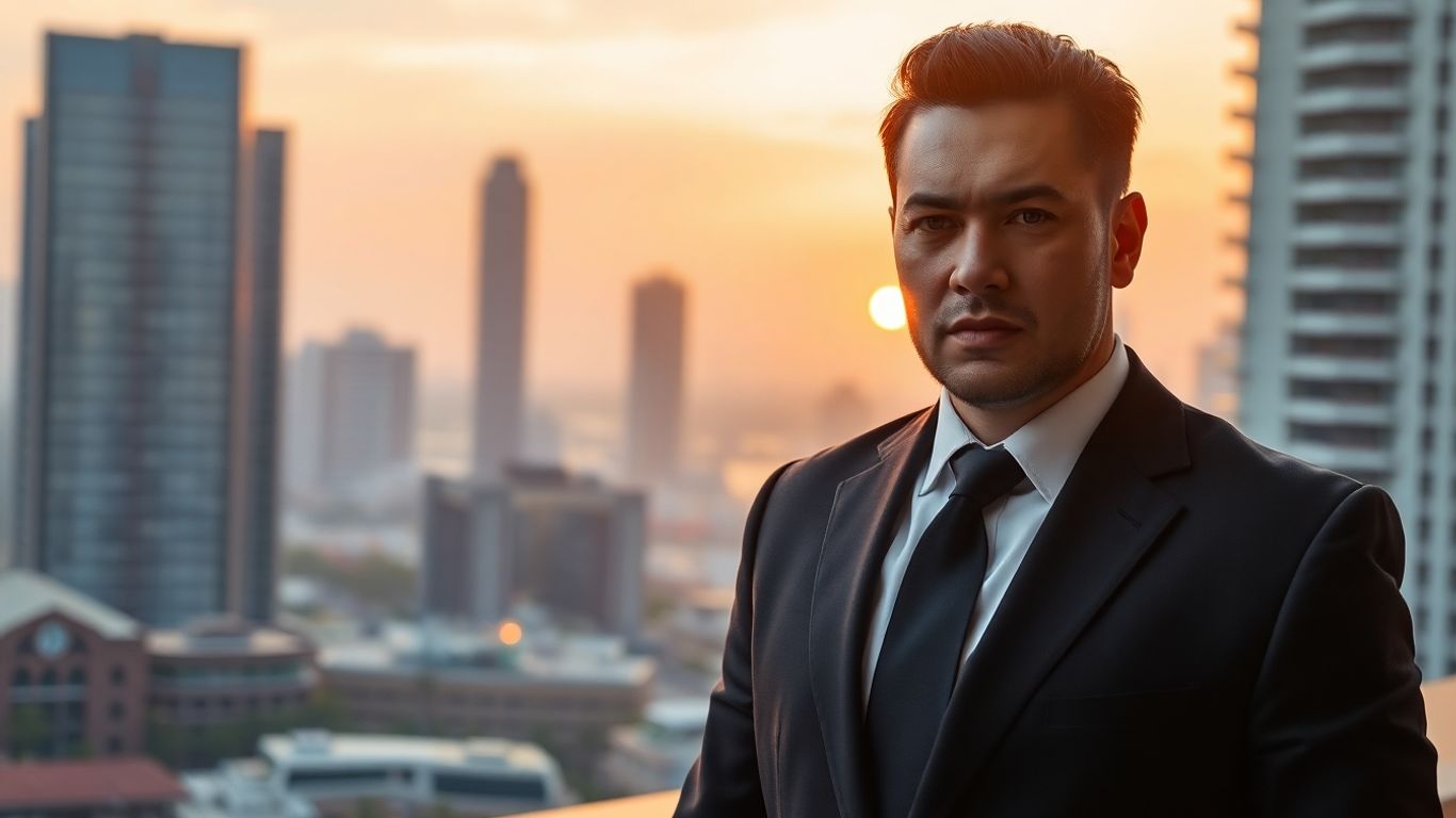 Professional bodyguard in Indonesia with cityscape background.