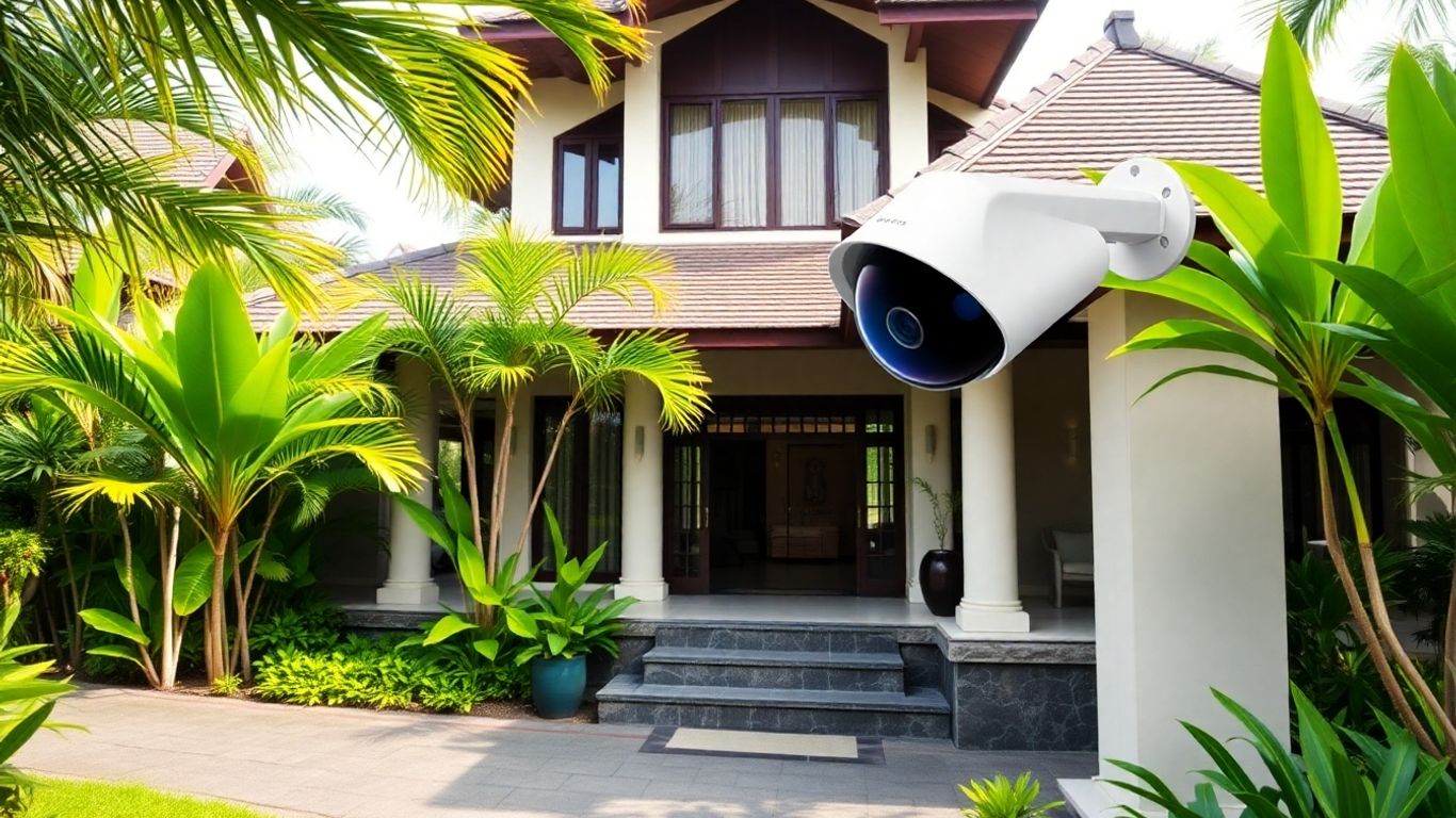 Secure Balinese villa with tropical garden and camera.