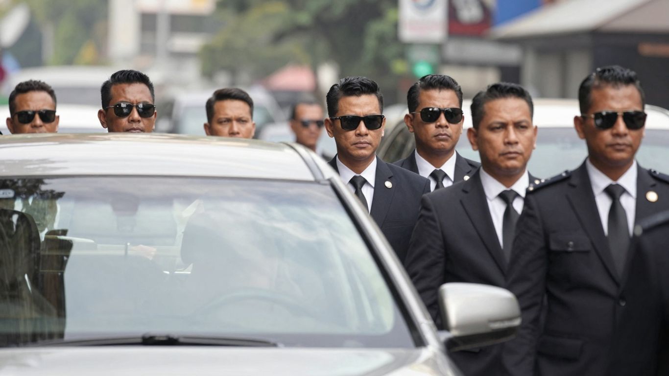Celebrity security detail protecting a star in Indonesia.