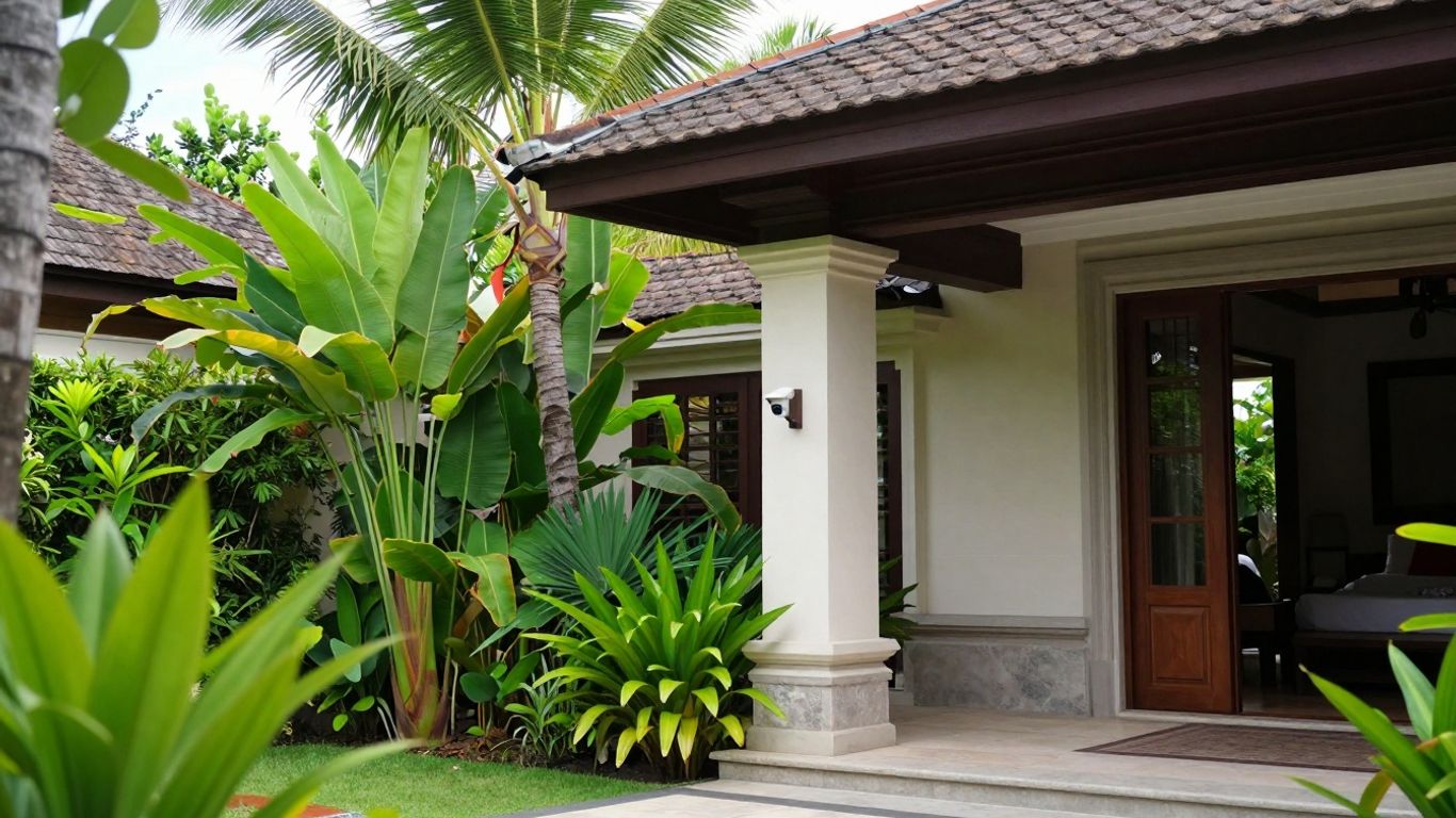 Balinese villa security camera in tropical garden.