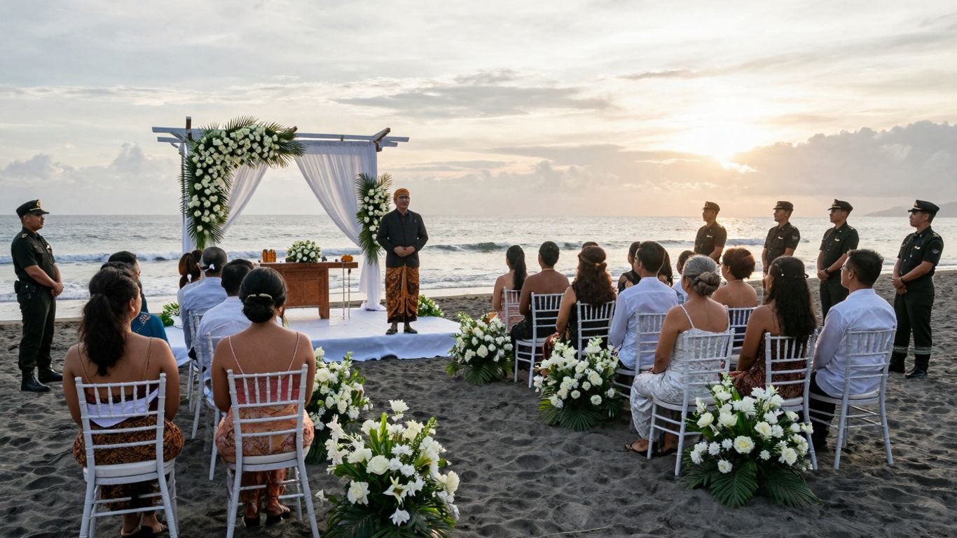 Secure Balinese beach wedding ceremony at sunset.