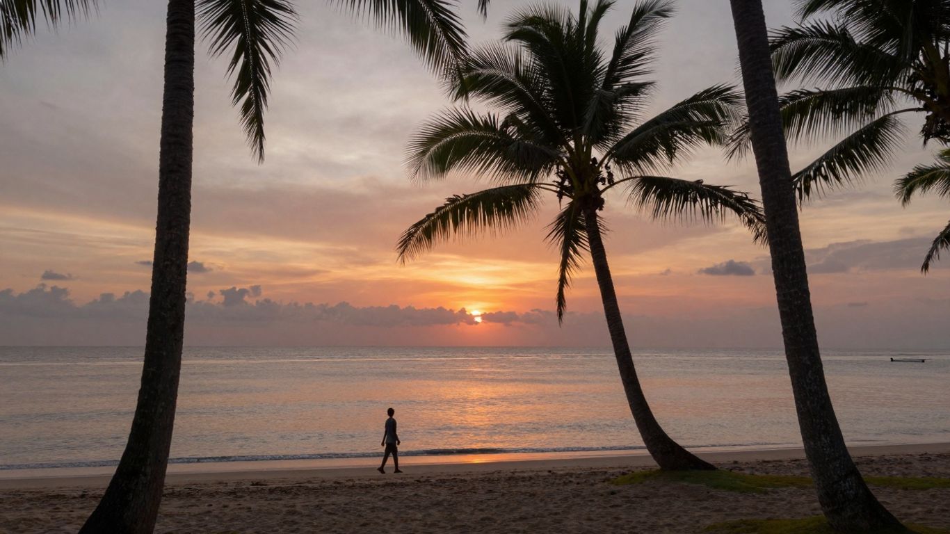 Balinese beach sunset with palm trees and ocean.