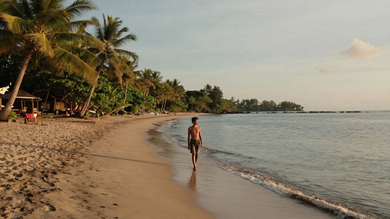 Peaceful Balinese beach at sunset with palm trees.