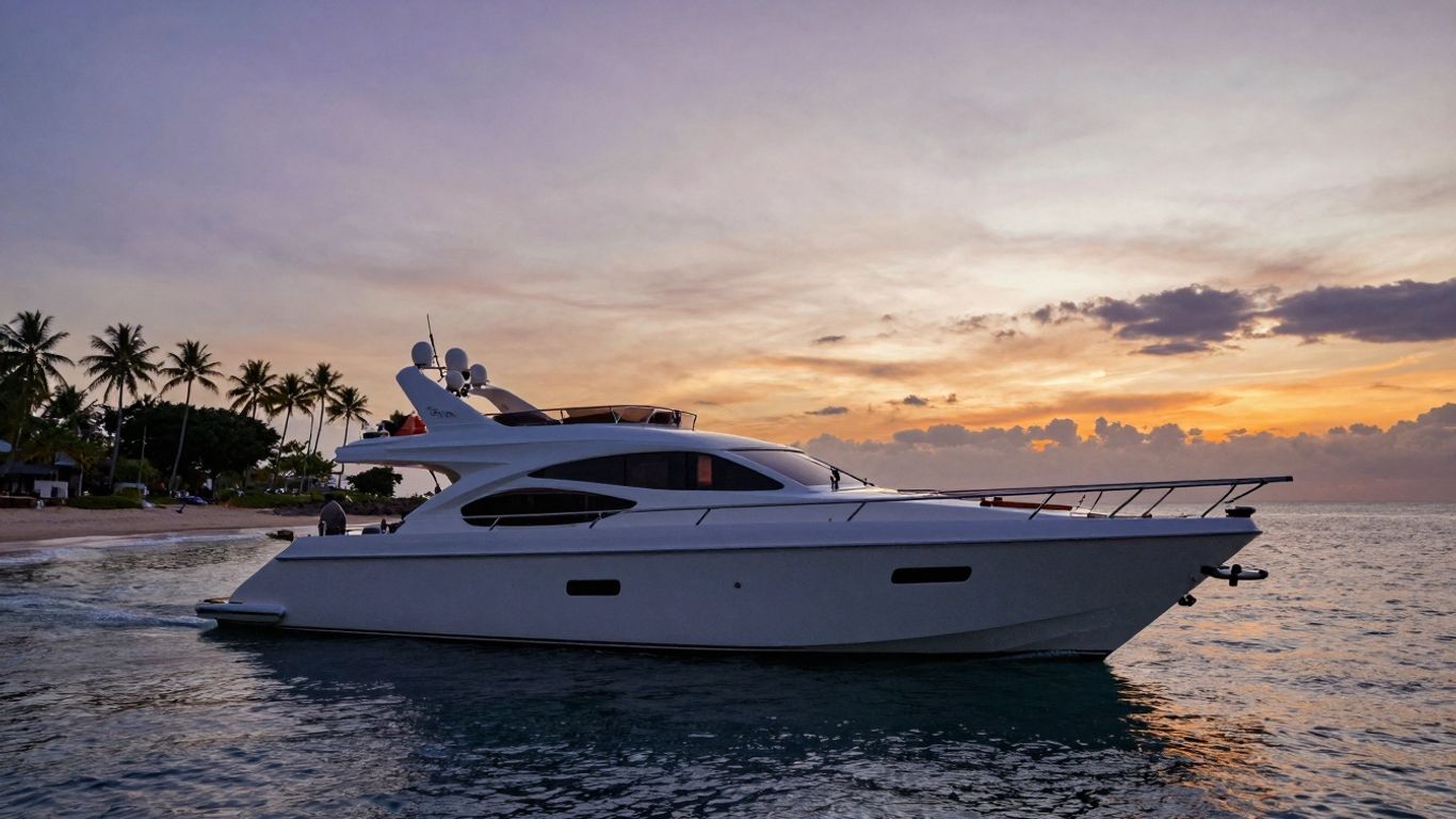 Luxury yacht in Bali at sunset, peaceful waters.