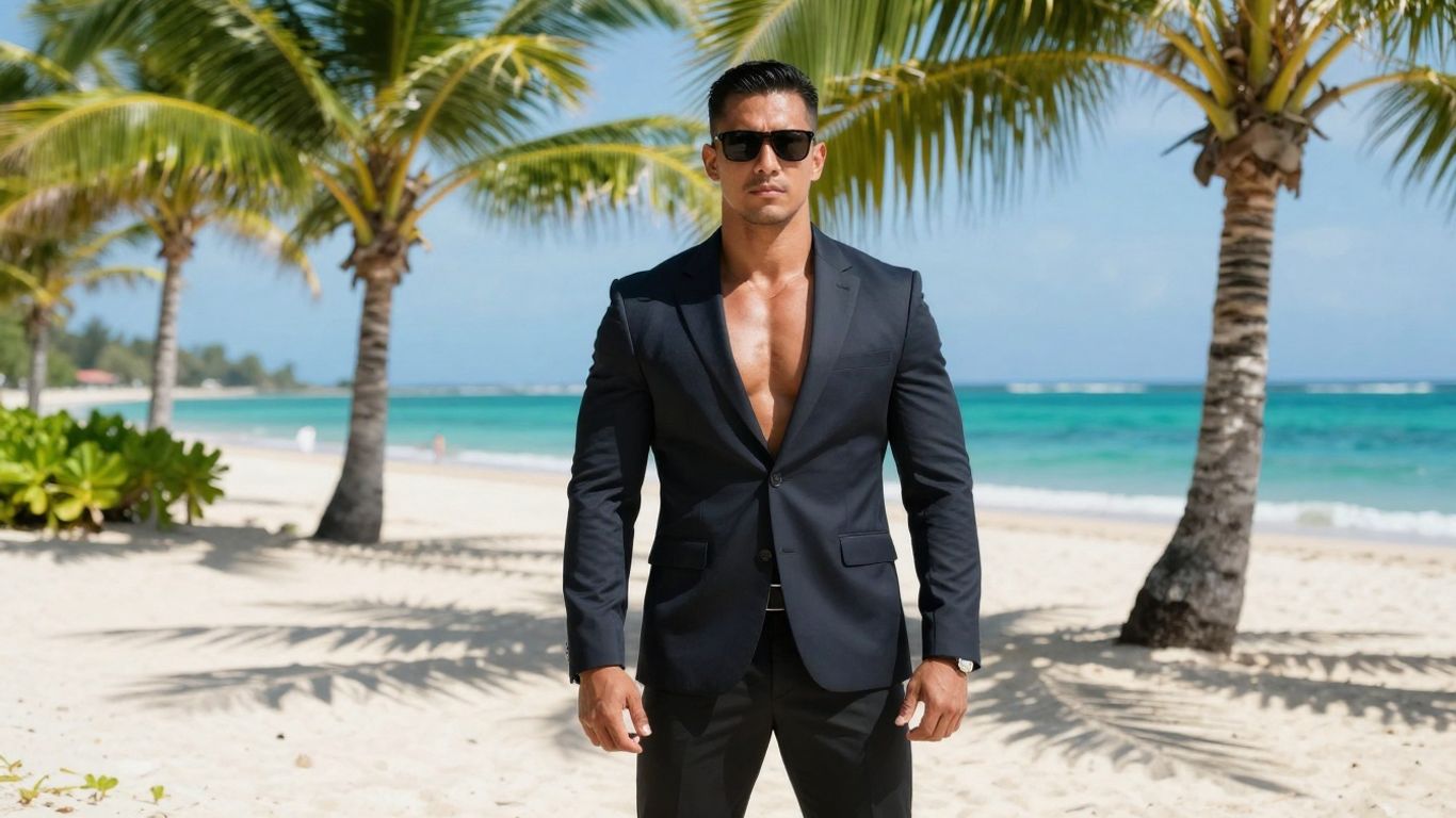 Bodyguard on a Bali beach, ensuring safety.