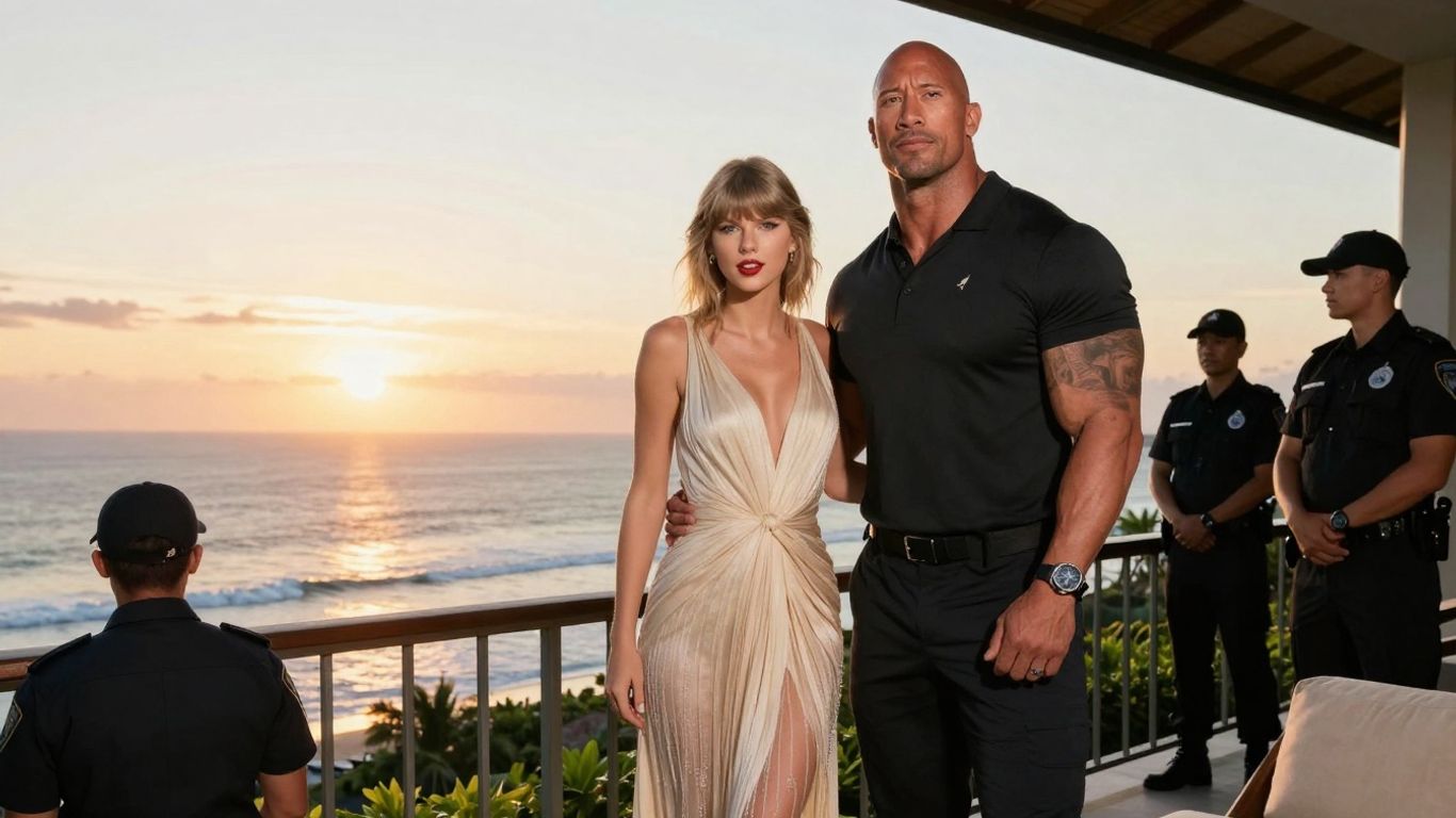 Celebrity security on a Bali villa balcony at sunset.