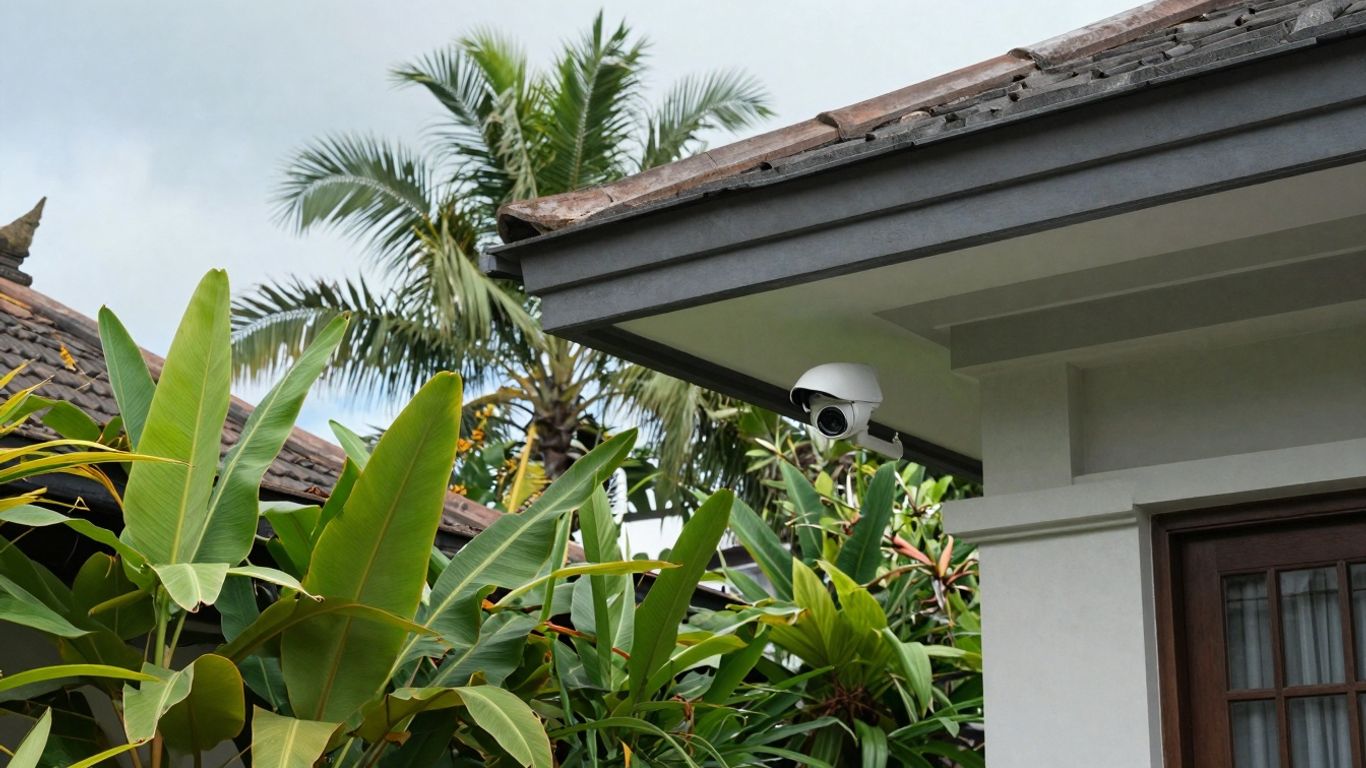 Expat security in Bali: villa, camera, tropical nature.