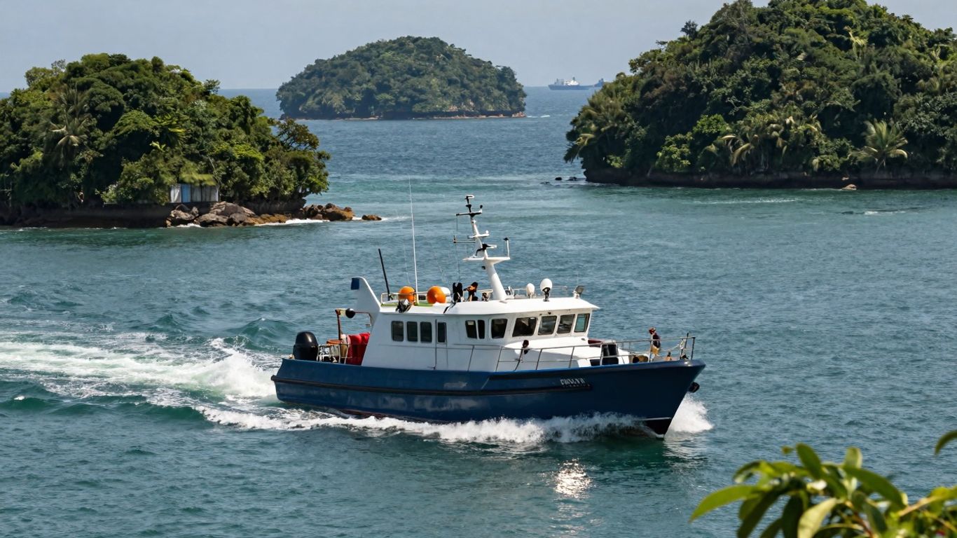 Indonesian patrol boat at sea near islands.