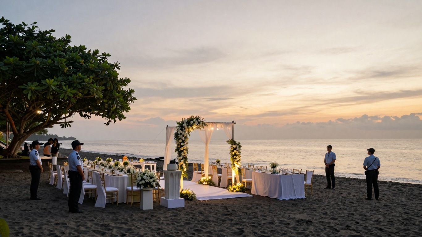 Secure wedding on a Balinese beach at sunset.