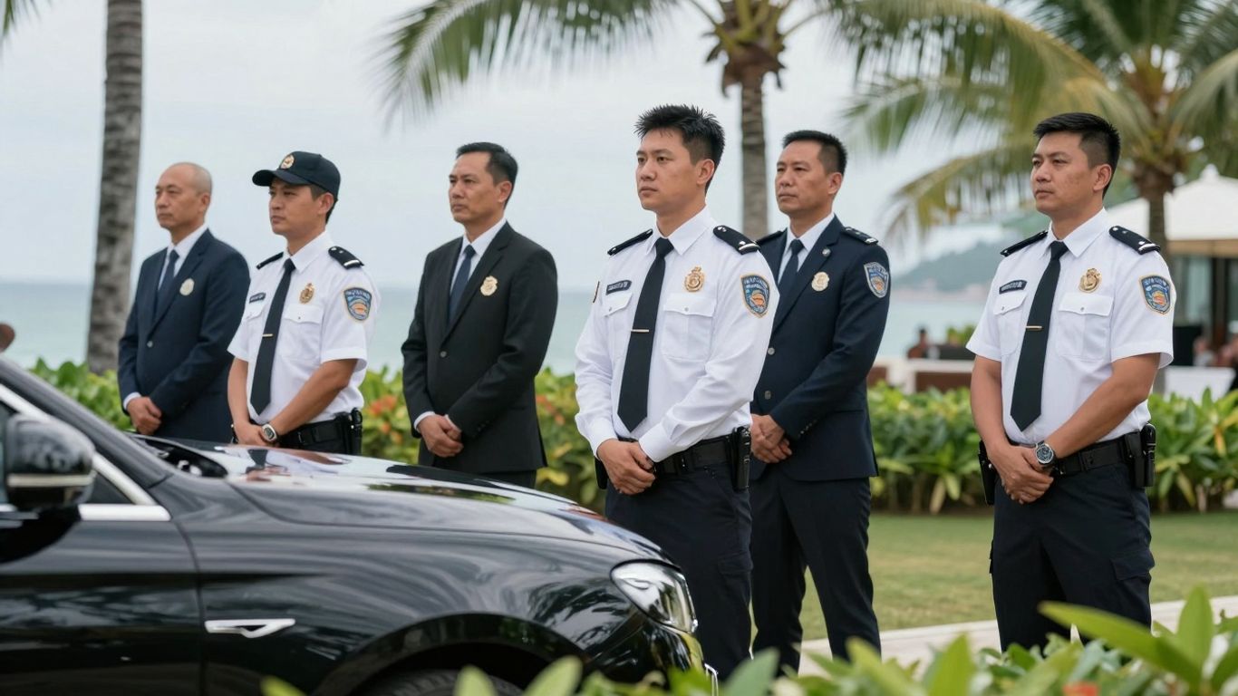 VIP security detail in Bali near a luxury car.