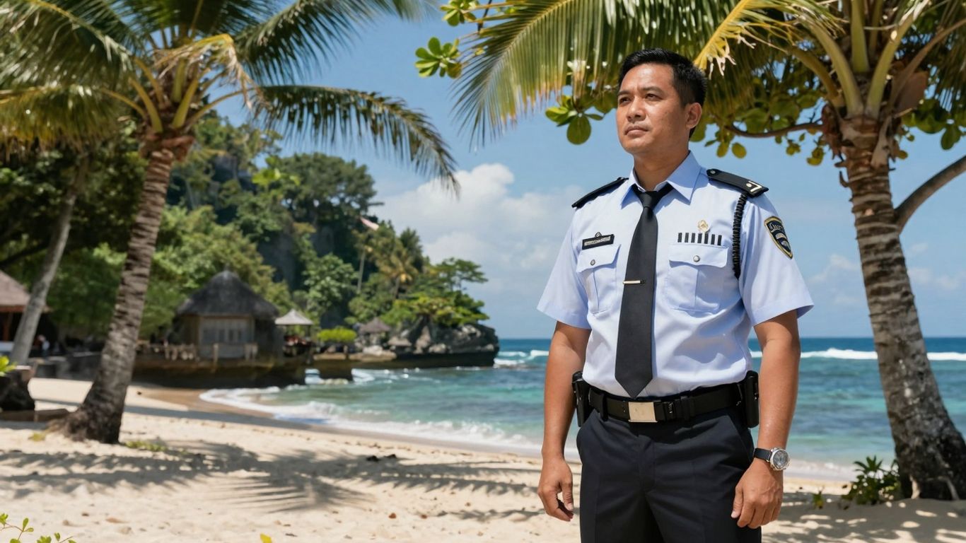 Security consultant on a Bali beach.