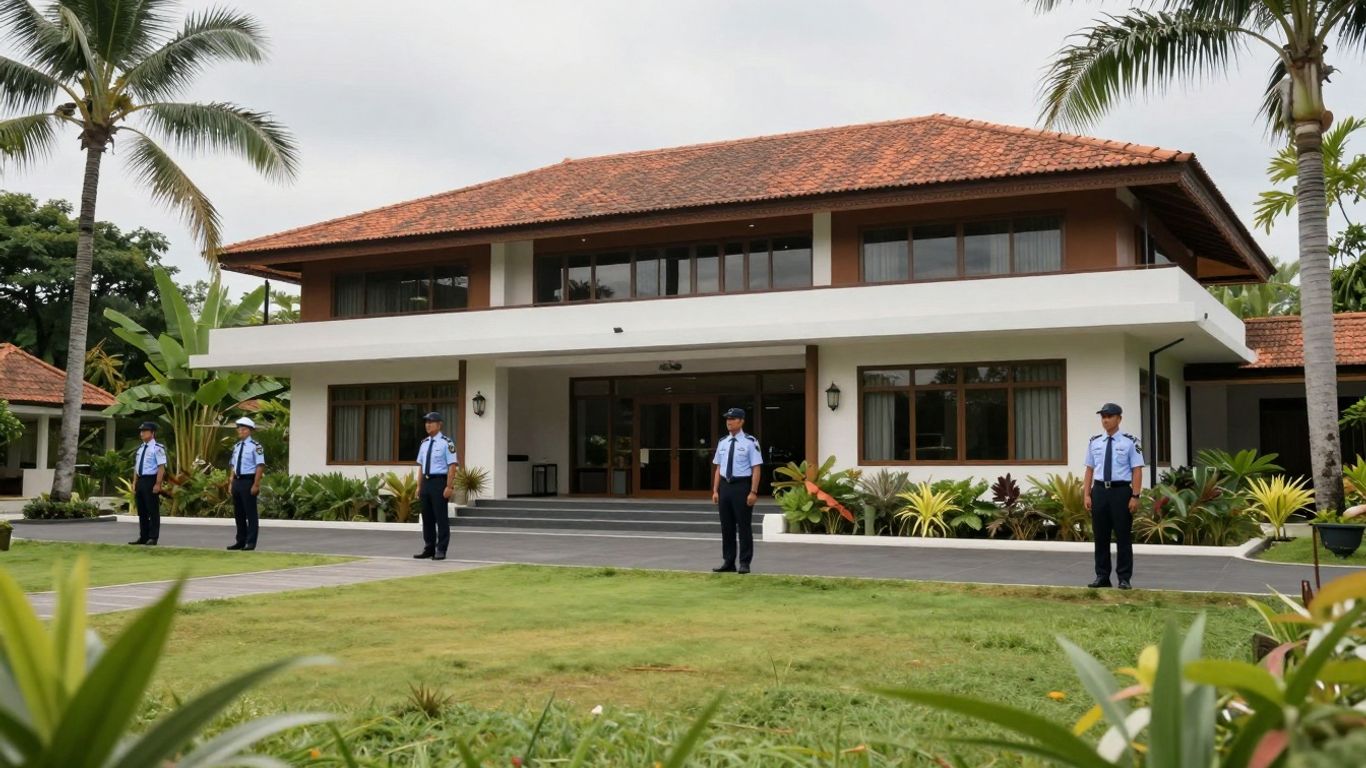 Secure corporate building in Bali with security personnel.