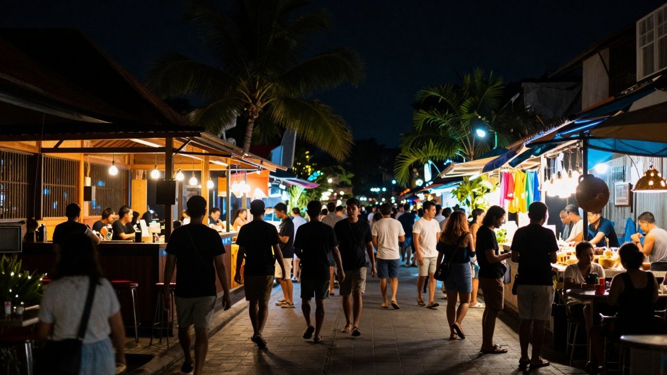 Bali nightlife scene with tourists and illuminated venues.